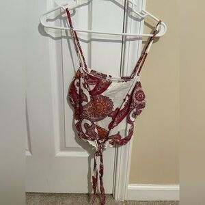 Express White and Red Sleeveless Tie Front Bodysuit